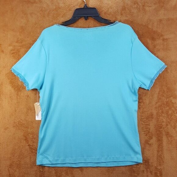 KATE HILL Womens Top Large Blue Pullover VNeck Mesh Trim Short Sleeve - Picture 3 of 6